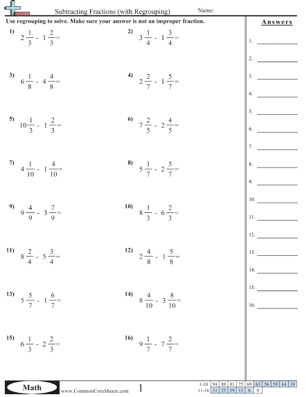 Fraction Worksheets - Subtracting Fractions (with regrouping) worksheet